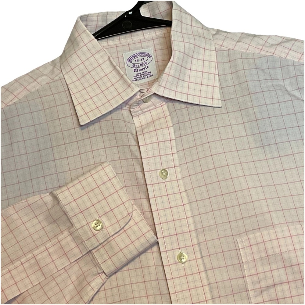 Brooks Brothers Classic Dress Shirt Mens 15-33 Light Pink Windowpane Non Iron